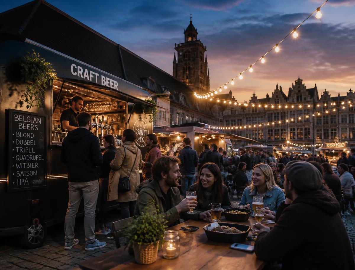 Food- en drinksbeleving op een Belgisch stadsplein bij valavond