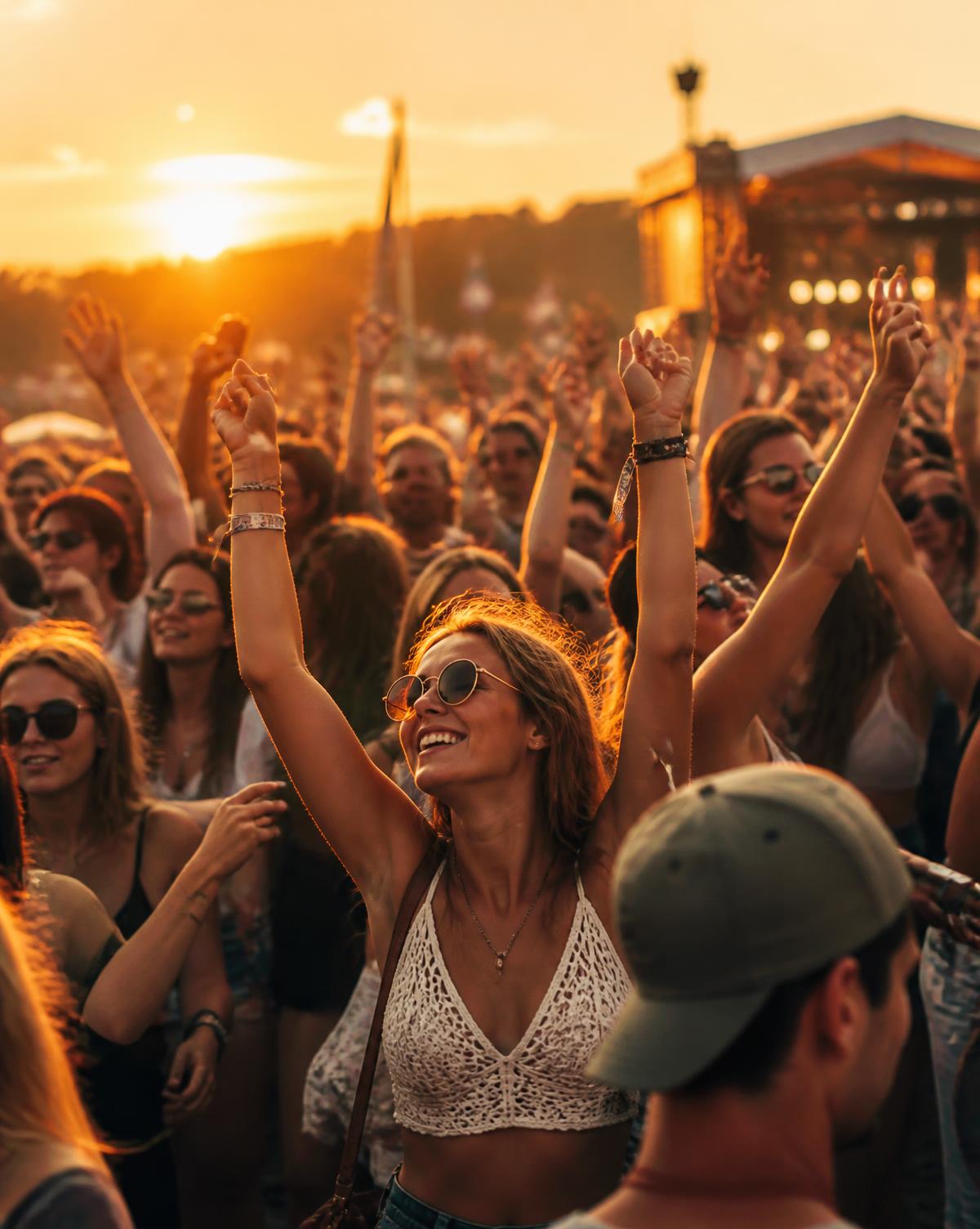 Publiek geniet van een zomerfestival tijdens het gouden uur