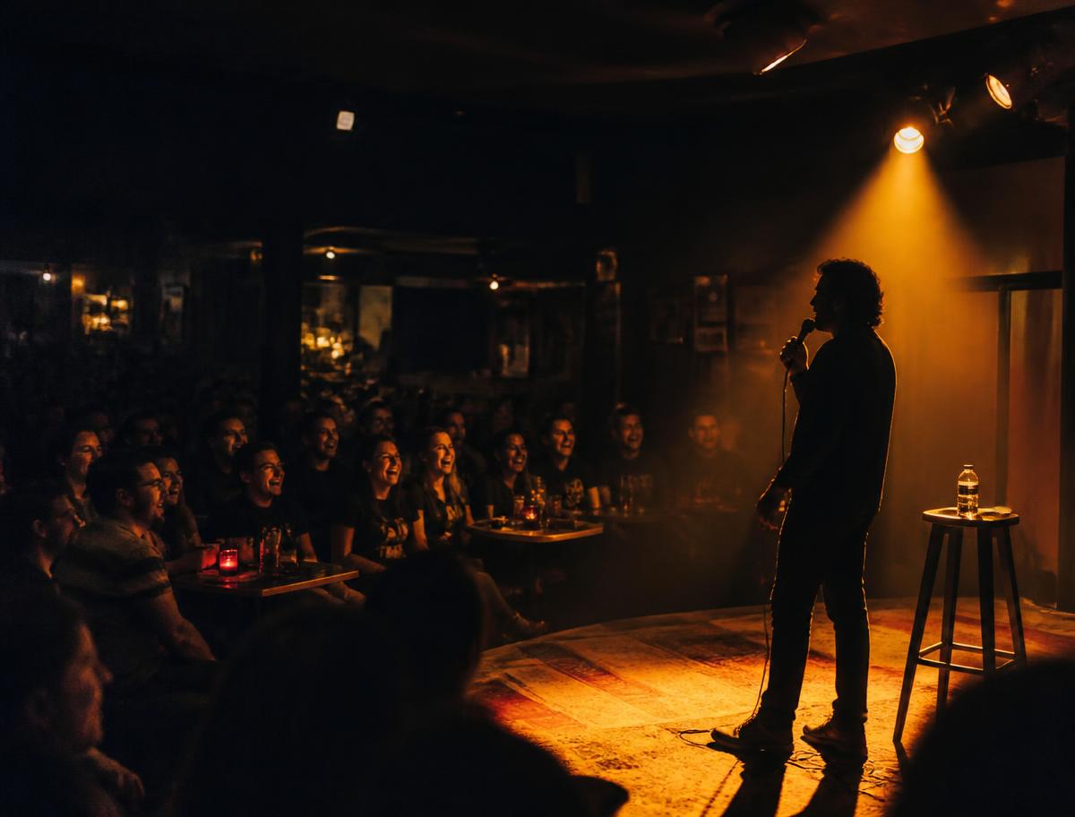 Comedyavond met warm spotlicht in een intieme zaal